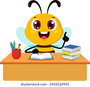 Cute School Bee Cartoon Character Sitting At A Desk And Writing In A Notebook. Vector Illustration Flat Design Isolated On Transparent Background