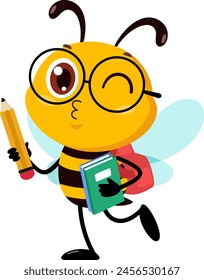 Cute School Bee Cartoon Character Walking With Backpack And Pencil Vector Illustration Flat Design Isolated On Transparent Background