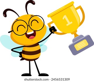 Cute School Bee Cartoon Character Holding A Gold Cup Trophy. Vector Illustration Flat Design Isolated On Transparent Background