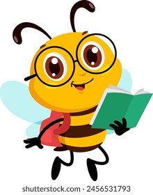 Personaje De Dibujos Animados Lindo De La Abeja De La Escuela Volando Con Mochila Y Cuaderno. Diseño Plano De Ilustración vectorial Aislado Sobre Fondo Transparente