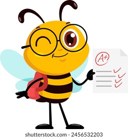 Cute School Bee Cartoon Character Holding An A Plus Report Card. Vector Illustration Flat Design Isolated On Transparent Background