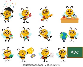 Cute School Bee Cartoon Character. Vector Flat Design Collection Set On Transparent Background