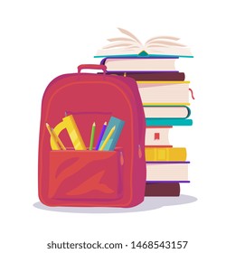 Cute School books and stationery bag. School activities. Back to School isolated objects on white background. Great illustration for a school books and more. VECTOR.