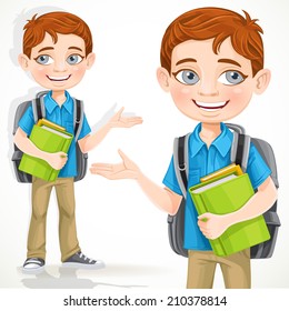 Cute school boy with books and backpack