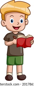 Cute school boy cartoon reading a book