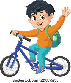 Cute school boy cartoon riding bicycle