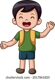 Cute school boy cartoon waving hand