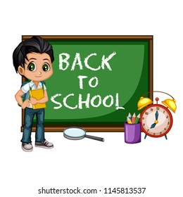 Cute School Boy Character Near Blackboard Vector illustration. Back to School Composition Poster. Cartoon Character Isolated on White background 