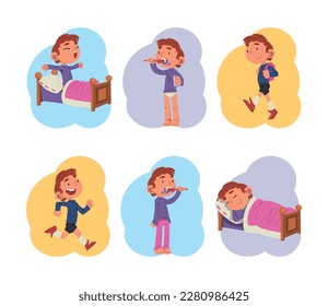 Cute school boy daily routine activities Set. Kid sleeping, waking up, brushing teeth, walking to school cartoon vector illustration