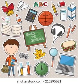Cute school boy with different education tools