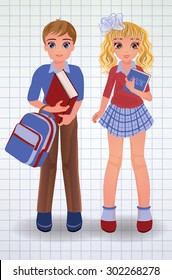 Cute school boy and girl with book, vector illustration