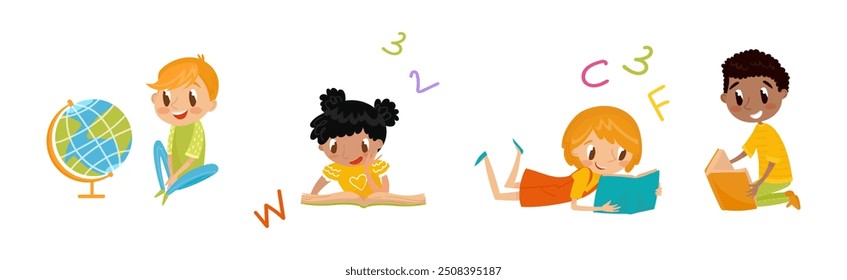 Cute School Boy and Girl Learn Lesson Vector Set