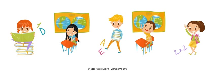 Garoto e Menina de Escola Bonito Aprender Conjunto Vetor Lição
