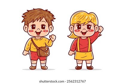 Cute school boy and girl are waving hands vector illustration