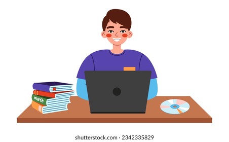 Cute school boy sitting at desk and using laptop on computer science lesson. Flat vector illustration on white background.