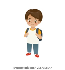 Cute school boy standing with backpack. Adorable happy kid. Cartoon little student.