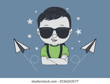 Cute school boy with sun glass vector or illustration kid avatar, child face icon, vector young boy cartoon character for kids t-shirt graphics.