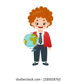 Cute school boy in uniform standing with globe. Happy cartoon student with world map. Adorable red hair pupil.