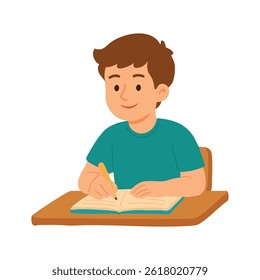 Cute school boy writing in notebook at desk. Flat cartoon vector illustration for education design.