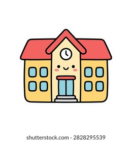 Cute school building illustration featuring a happy face with a red roof on a clean and simple white background design