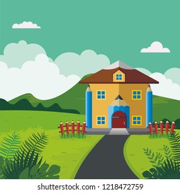 Cute School Building Lovely Landscape Stock Vector (Royalty Free ...