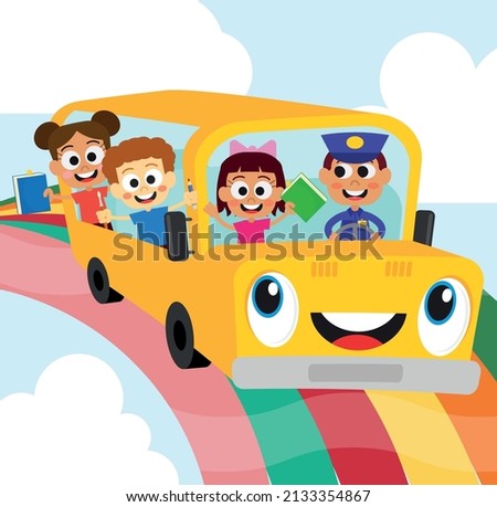 Cute school bus and cute kids