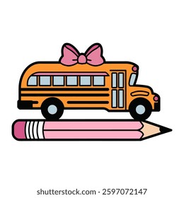 Cute School Bus with Pink Pencil and Bow Illustration