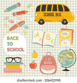 Cute school cartoon colection. Back to school illustration. Pencil, pen, apple, books, bag, globe, school bus. All for beginning of the school. Vector set