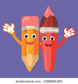 Juego de ilustraciones vectoriales de caracteres de escuela circular. Lápiz de dibujos animados y mascota de pincel con brazos y emoji facial, elementos escolares