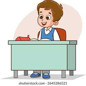 Cute school child sitting at the desk, primary school student in uniform vector Illustration on a white background