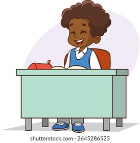 Cute school child sitting at the desk, primary school student in uniform vector Illustration on a white background