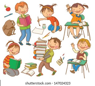 Cute School Children. School activities. Back to School isolated objects on white background. Great illustration for a school books and more. VECTOR.