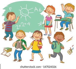 Cute School children.  School activities. Back to School isolated objects on white background. Great illustration for a school books and more. VECTOR.