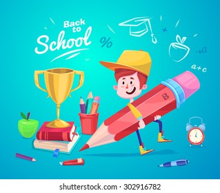 Cute School Children. School activities. Back to School isolated objects on blue background. Great illustration for a school books and more. VECTOR.