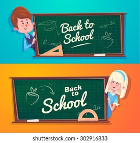 Cute School Children. School activities. Back to School isolated objects on blue and yellow background. Great illustration for a school books and more. VECTOR.