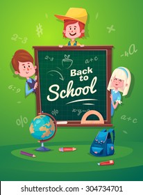 Cute School Children. School activities. Back to School isolated objects on green background. Great illustration for a school books and more. VECTOR.