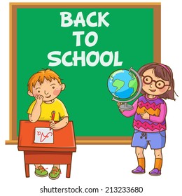 Cute School Children beside Blackboard. School activities. Back to School isolated objects on white background. Great illustration for a school books and more. VECTOR.