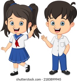 Cute school children cartoon waving hands