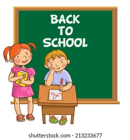 Cute School Children in classroom. School activities. Back to School isolated objects on white background. Great illustration for a school books and more. VECTOR.