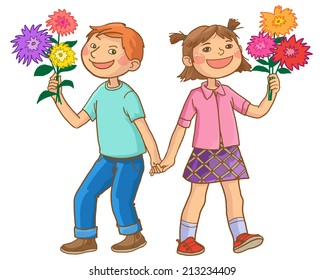 Cute School Children with FLOWERS. Back to School isolated objects on white background. Great illustration for a school books and more. VECTOR.