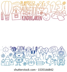 Cute school children. Imagination and creativity. Play and learn, singing, dancing, reading, drawing.