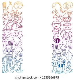 Cute school children. Imagination and creativity. Play and learn, singing, dancing, reading, drawing.