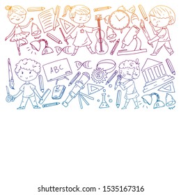 Cute school children. Imagination and creativity. Play and learn, singing, dancing, reading, drawing.