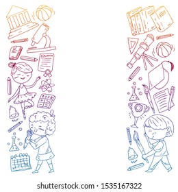 Cute school children. Imagination and creativity. Play and learn, singing, dancing, reading, drawing.