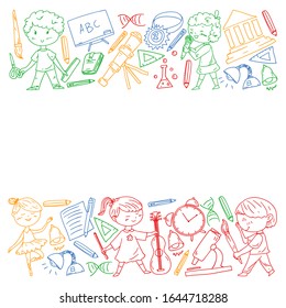 Cute school children. Imagination and creativity. Play and learn, singing, dancing, reading, drawing.