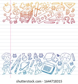Cute school children. Imagination and creativity. Play and learn, singing, dancing, reading, drawing.