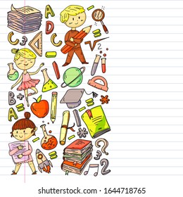 Cute school children. Imagination and creativity. Play and learn, singing, dancing, reading, drawing.