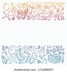 Cute school children. Imagination and creativity. Play and learn, singing, dancing, reading, drawing.