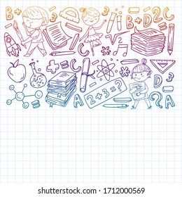 Cute school children. Imagination and creativity. Play and learn, singing, dancing, reading, drawing.