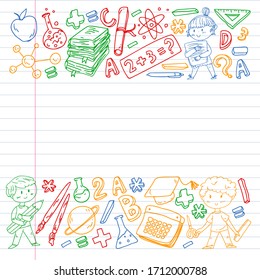 Cute school children. Imagination and creativity. Play and learn, singing, dancing, reading, drawing.